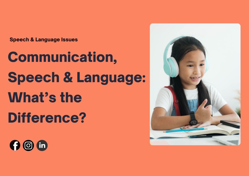 An educational visual explaining the difference between communication, speech, and language in child development for early support and awareness.